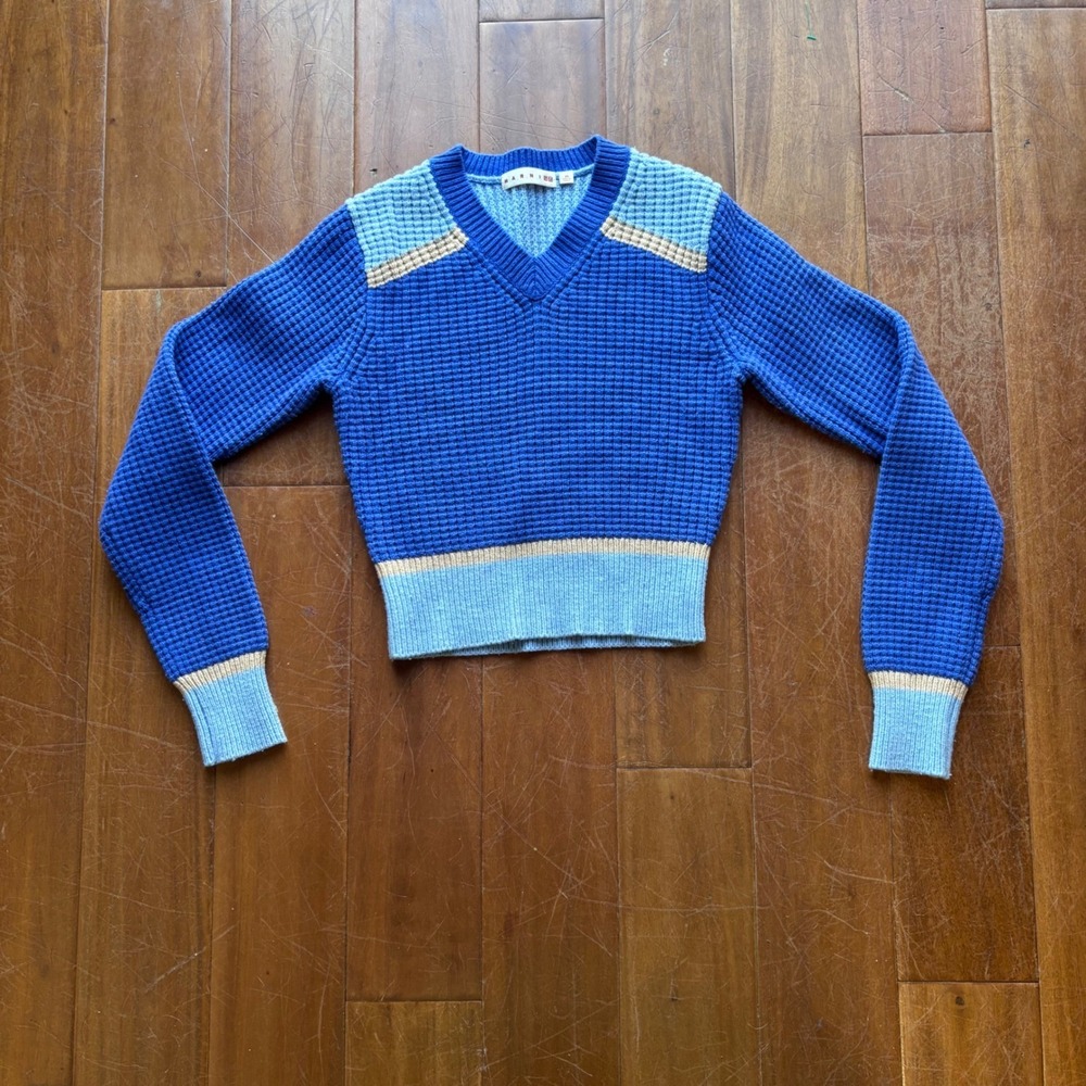 MARNIxUNIQLO Collab Popcorn Knit V-Neck‎ Sweater|Blue Beige Colorblock|Retro|XS